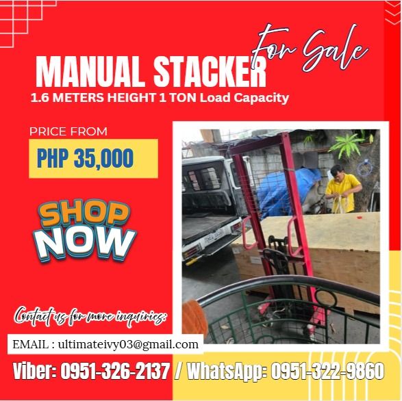 MANUAL STACKER 1.6 METERS HEIGHT 1 TON Load Capacity (Category: Home Improvement Tools & Accessories) located in Caloocan City. Submitted by vedadacian34812 (Listing ID 1437651508, Image 1). Description: Specification: Load capacity: 1000kg Max. Lifting height: 1600mm Lowest fork height: 100mm Fork adjustable width: 200-580mm Leg inner width: 580mm Leg overall width: 730mm Fork length: 900mm Leg ground clearance: 90mm Fork ground clearance: 60mm 