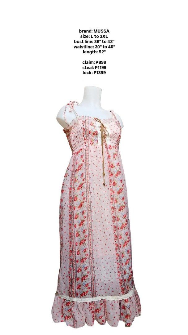MUSSA Floral Maxi Dress (Category: Dresses) located in Manila. Submitted by hezzy.ph (Listing ID 1437633067, Image 2). Description: MUSSA maxi dress with floral print, tie-up bust, and ruffled hem. Adjustable straps. Fits L-3XL Bust: 36-42" Waist: 30-40" Length: 52".