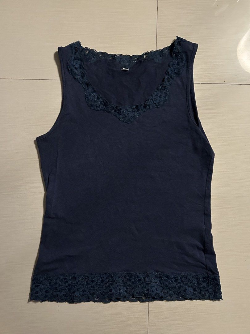 Navy Blue Lace Camisole (Category: Sleeveless) located in San Juan City. Submitted by d3clutterz (Listing ID 1437739225, Image 1). Description: says S on tag mop: gcash only courier: J&T or lalamove.