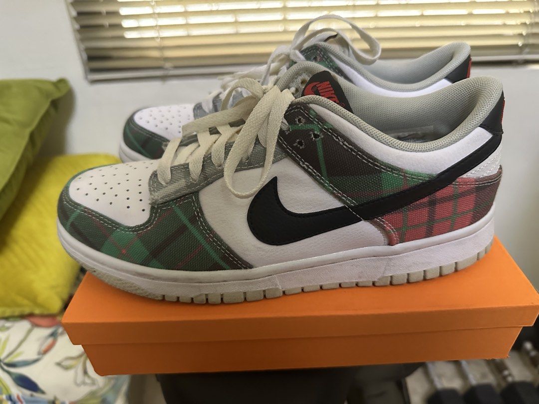 Nike Dunk Low Green Plaid (Category: Sneakers) located in Manila. Submitted by alim003 (Listing ID 1437646345, Image 2). Description: - Nike Dunk Low sneakers - Green plaid design - White leather base - Black swooshes - Red Nike heel branding - White laces - No box - US 7Y / UK 6 / EUR 40 / JP 25 ‼️WOMENS‼️ or KIDS.