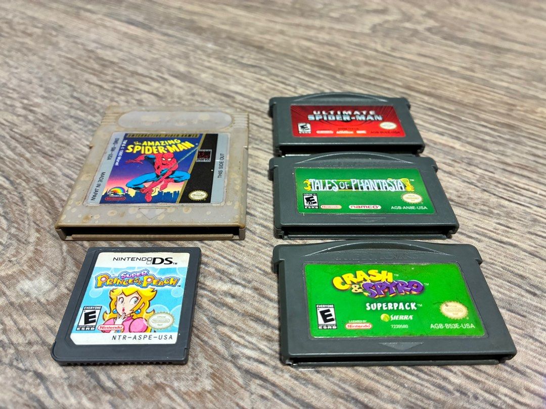 Nintendo Game Boy, GBA, and DS Games (Category: Nintendo) located in Quezon City. Submitted by rgsph140 (Listing ID 1437729423, Image 1). Description: For Sale 🎮 Used Game ! All Working Tested 💯 All Authentic Cart Game💯 Item Description: Nintendo Gameboy and DS Cart Game (USA) Pricelist: 1000-Ultimate Spiderman 800-The Amazing Spiderman Sold-Tales Of Phantasia 600-Crash And Spyro Superpack 1500-Super Princess Peach Mode of Payment: Cash or Gca