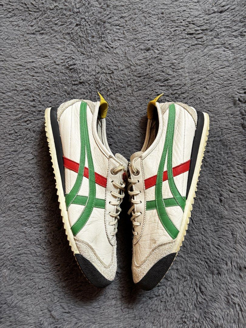 Onitsuka Tiger Mexico 66 Sneakers (Category: Sneakers) located in Manila. Submitted by loots_by_d (Listing ID 1437718107, Image 3). Description: - Onitsuka Tiger Mexico 66 sneakers - White with green and red stripes - White sole with black toe cap - Yellow tongue and heel tab - Lace-up closure - Visible Onitsuka Tiger logo - Soles show some wear ✅ Excellent Condition ✅ No issue ✅ Minor sign of use ✅ Free Shipping.
