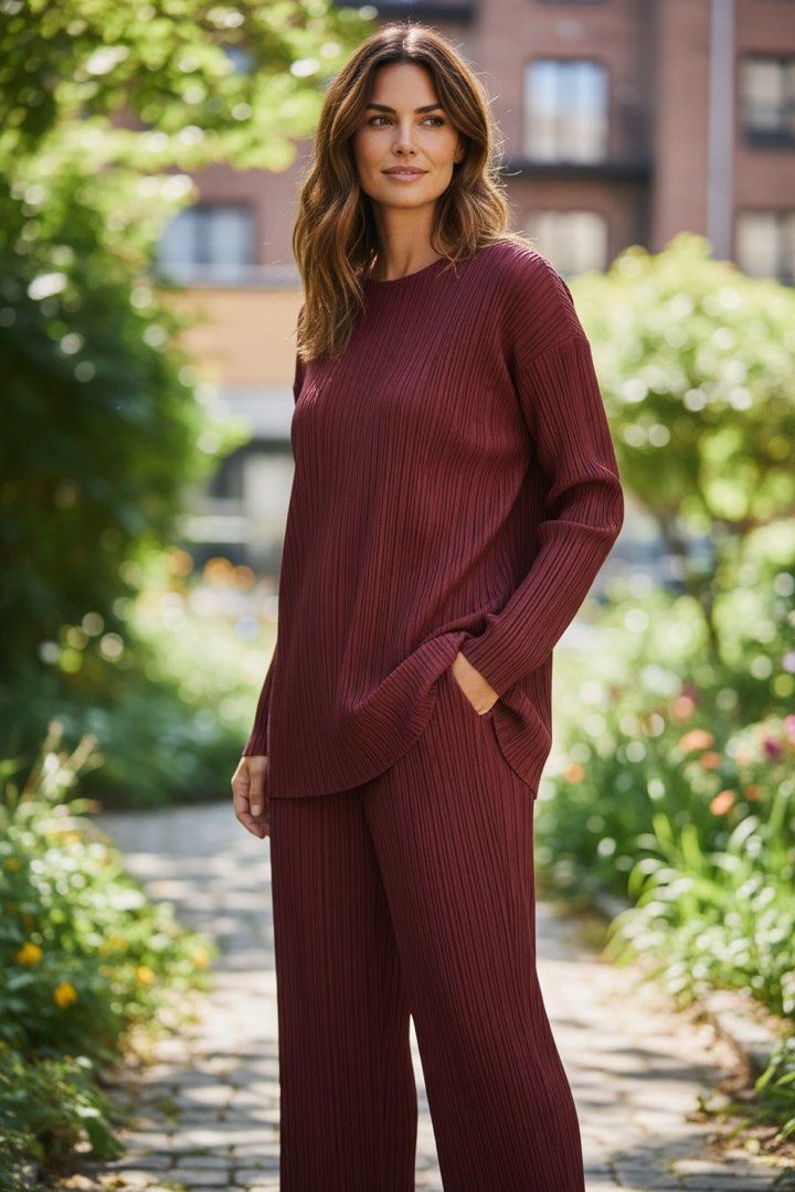 Pleats Please! Issey Miyake Pleated Set - Maroon (Category: Sets or Coordinates) located in Pasay City. Submitted by louiecruz.28 (Listing ID 1437688200, Image 2). Description: - Pleats Please Issey Miyake set - Rich burgundy color - Includes long-sleeved top and pants - Pants have a straight leg cut - Fabric: 88% polyester, 12% polyurethane - Size: 3 - Made in Japan.