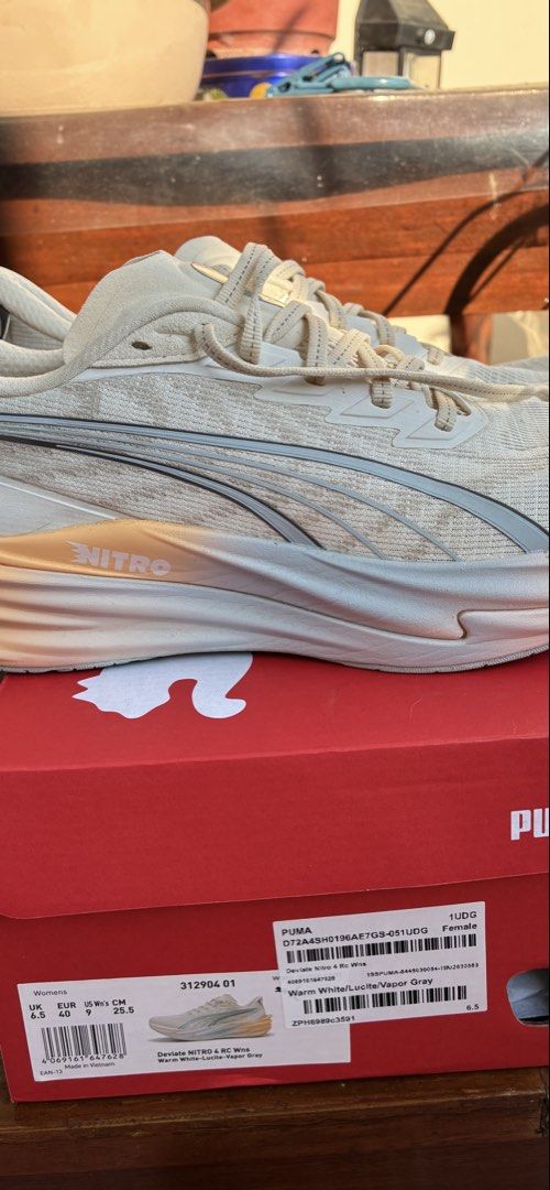 Puma Deviate Nitro 4 RC Women's Running Shoes (Category: Sneakers) located in Alaminos. Submitted by rheagee (Listing ID 1437755843, Image 3). Description: - Used it 4x - Puma Deviate Nitro RC running shoes - Women's UK size 6.5 - Color: Warm white, light blue, and vapor gray - Includes original box - Model number: 312904 01 - Features Puma logo RFS: Carbon Plated shoes are not for me 😭.