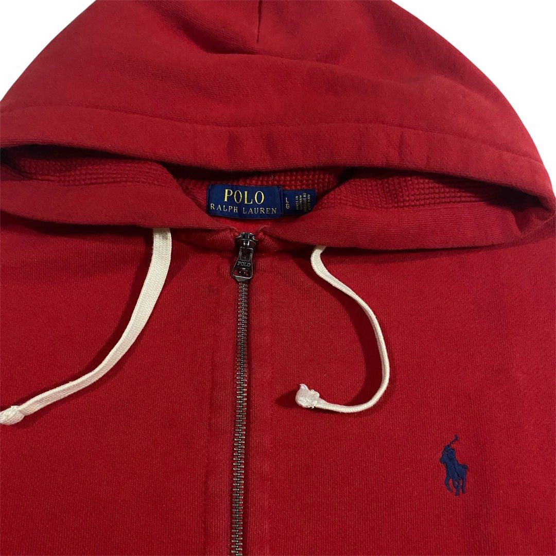 Ralph Lauren Red Hoodie (Category: Coats, Jackets and Outerwear) located in Manila. Submitted by hoodfinesse (Listing ID 1437692825, Image 2). Description: size Large (23x28) Excellent condition 10/10 color rate color may vary due to lighting has bleach stain on elbow.