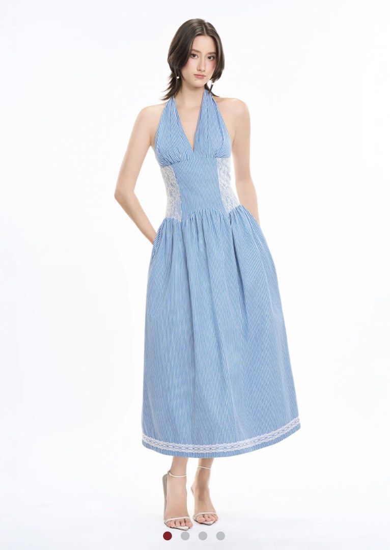Rechic Halter Long Maxi Dress | Size S-M (Category: Dresses) located in Manila. Submitted by everythingbrandedpreloved_ (Listing ID 1437658365, Image 1). Description: BRANDNEW WITHOUT TAGS (Bought in Vietnam but never used, just stored. Selling as it doesn’t fit my style anymore.) Brand: Rechic Size: M Color: Blue & White Pinstripe Condition: Brand new without tags, never worn Features: Halter neckline, lace detailing, panel design, side pockets,
