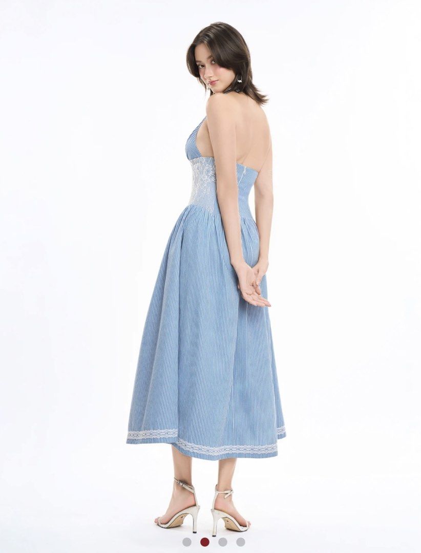 Rechic Halter Long Maxi Dress | Size S-M (Category: Dresses) located in Manila. Submitted by everythingbrandedpreloved_ (Listing ID 1437658365, Image 2). Description: BRANDNEW WITHOUT TAGS (Bought in Vietnam but never used, just stored. Selling as it doesn’t fit my style anymore.) Brand: Rechic Size: M Color: Blue & White Pinstripe Condition: Brand new without tags, never worn Features: Halter neckline, lace detailing, panel design, side pockets,