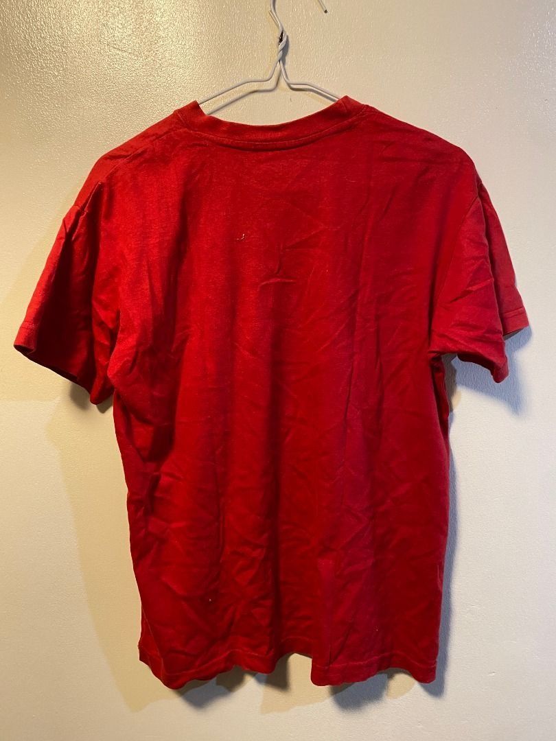 Red Graphic T-shirt Tee Top (Category: Tshirts & Polo Shirts ) located in Marikina City. Submitted by .swagee (Listing ID 1437688828, Image 2). Description: Dimes (Inches): L: 24 W: 19 Php 100 + sf Ship via: J&T, Grab, Lalamove, LBC.