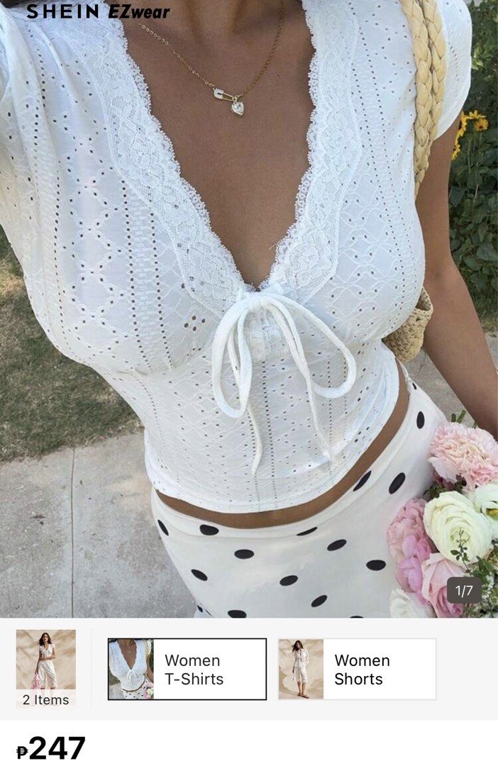 SHEIN White Lace Trim Tie Front Top (Category: Blouses) located in Manila. Submitted by ninin03 (Listing ID 1437595126, Image 1). Description: - SHEIN white lace trim top - Features a V-neckline - Short sleeves - Delicate eyelet design - Perfect for a casual look - Versatile: Pair with skirts or pants.
