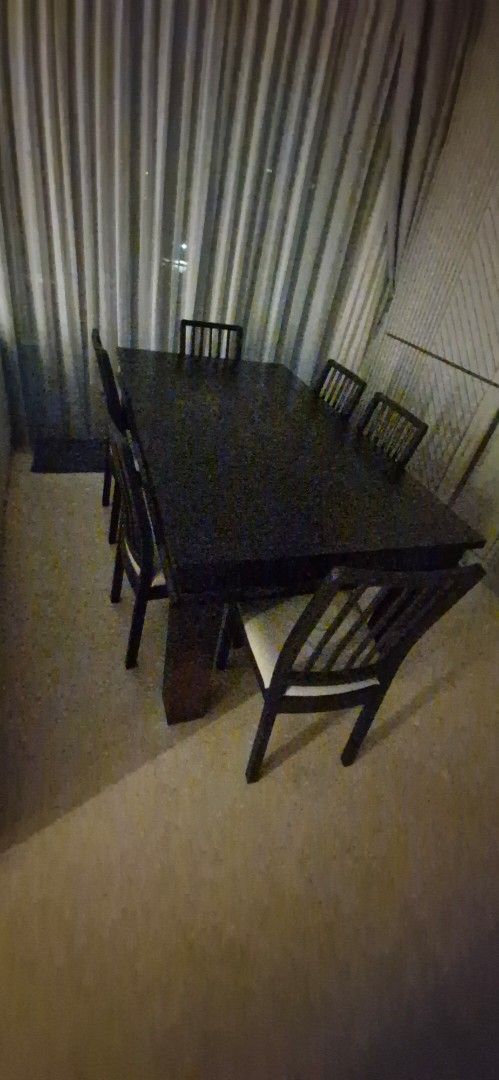 Dining table (Category: Tables & Sets) located in Singapore. Submitted by miralho (Listing ID 1437584921, Image 1). Description: - Sizeable solid wood, able with 2 extensions - 180x100 cm with 2x50cm extension -Requires some small restoration due to sun bleaching - Six chairs are available (additional $90) - Available for pick up.