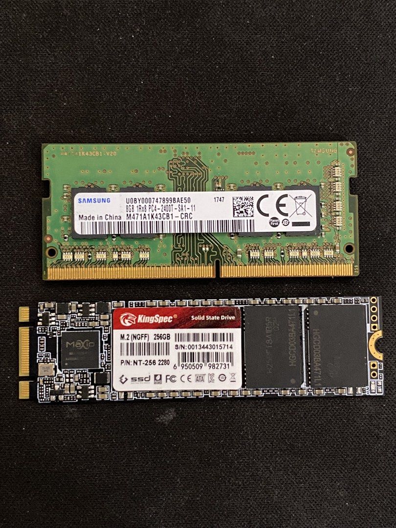 SSD + RAM (Category: Computer Parts) located in Manila. Submitted by taylorsiff62042 (Listing ID 1437660585, Image 1). Description: Samsung 8GB DDR4 RAM KingSpec 256GB M.2 SSD STOCK PIECES BUNDLE NO BOX.
