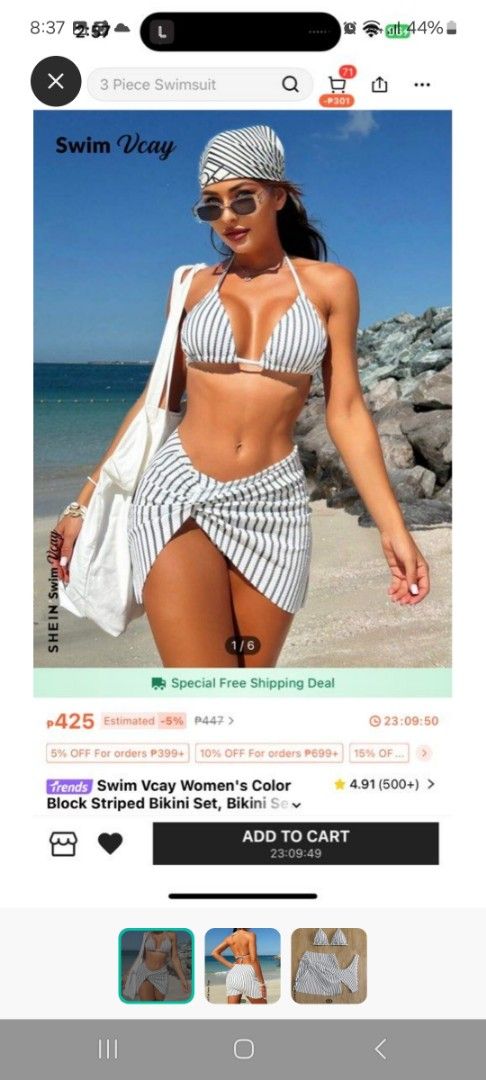 Swim Vcay 3-Piece Striped Bikini Set (Category: Bikinis & Swimsuits) located in Baliuag. Submitted by same1693 (Listing ID 1437698918, Image 1). Description: - Swim Vcay bikini set - Black and white striped pattern - Includes: halter top, wrap skirt, and headscarf - Comfortable material - Ideal for beach or poolside.