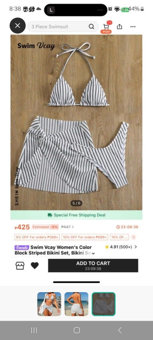 Swim Vcay 3-Piece Striped Bikini Set (Category: Bikinis & Swimsuits) located in Baliuag. Submitted by same1693 (Listing ID 1437698918, Image 2). Description: - Swim Vcay bikini set - Black and white striped pattern - Includes: halter top, wrap skirt, and headscarf - Comfortable material - Ideal for beach or poolside.