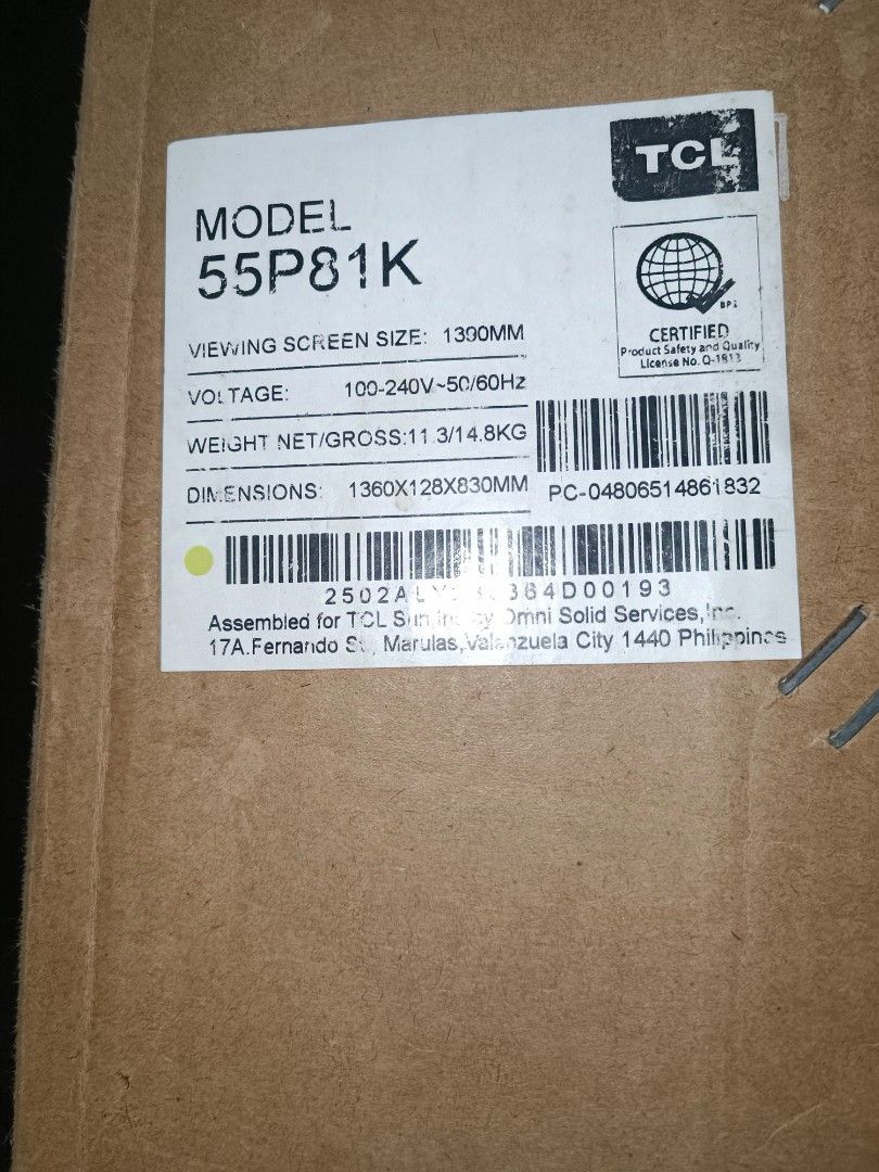 TCL 55P81K 55-inch Smart TV (Category: TV) located in Manila. Submitted by shaina_guazon (Listing ID 1437585637, Image 2). Description: - TCL 55P81K 55-inch Smart TV - Includes TV, stand, bracket,and remote control (with red cover) - Model: 55P81K - Screen Size: 1300mm - Dimensions: 1360x128x830mm.