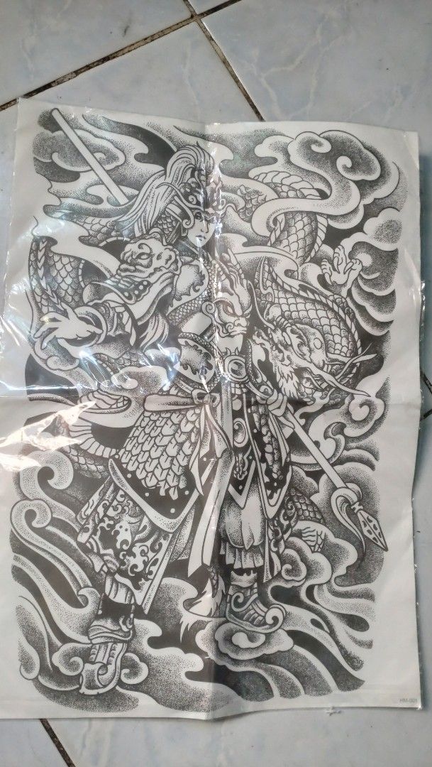 Temporary Tattoo Designs - Assorted Styles set (Category: Art & Prints) located in Valenzuela. Submitted by diane.35 (Listing ID 1437641313, Image 3). Description: - Set of temporary tattoo sheets. - Features various designs including geishas, dragons, and angels. - Detailed black and white artwork. - Each sheet is individually packaged. - Great for themed events or trying out tattoo designs..