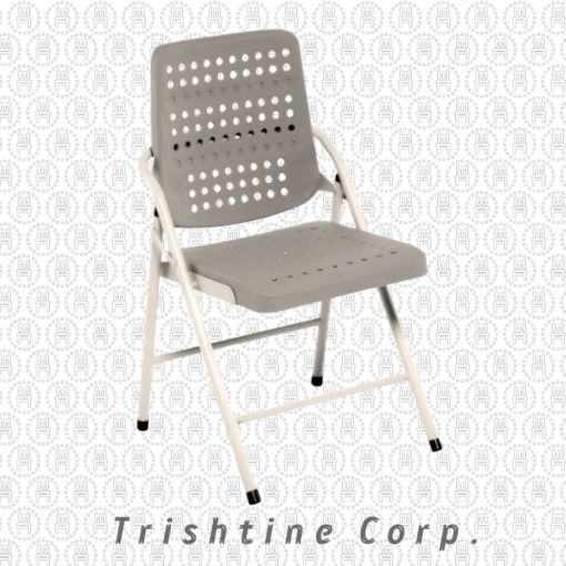 TFP-005 Steel Foldable Chair (Category: Chairs) located in Caloocan City. Submitted by trishtine_jim9 (Listing ID 1437622219, Image 1). Description: - Gray folding chair - Brand: Trishtine Corp. - Features a perforated backrest and seat - White frame - Sturdy design - Ideal for events, offices, or home use - Practical seating solution.
