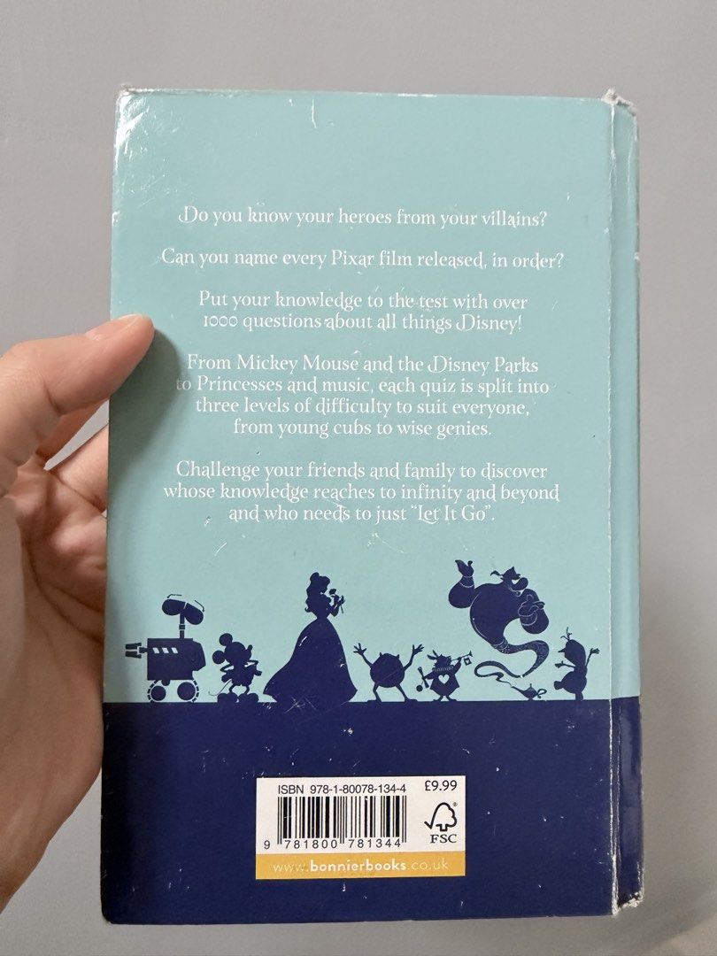 The Ultimate Disney Quiz Book (HB) (Category: Children's Books) located in Pasig City. Submitted by iammr.owl29 (Listing ID 1437617415, Image 3). Description: 📚 Book condition: - Tear off page (see 7th photo) - Dents/damage edges Disclaimers: ❕Actual color may vary due to lightings/effects and camera settings ❕ Photos taken by me except with the last 3 photos, not mine. CTTO. ❕This is PRE-OWNED book. Please expect the ff as it may or already hav