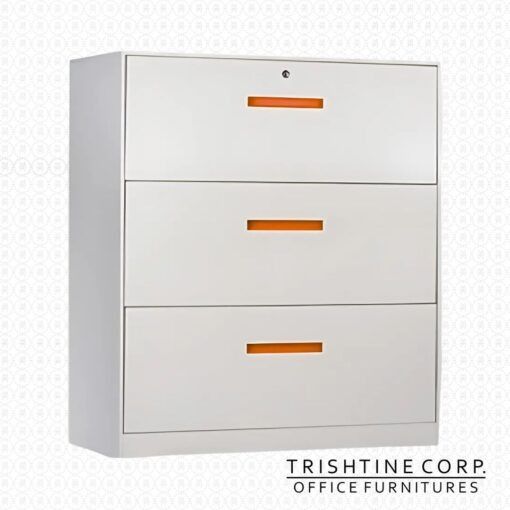 TLC-014 3-drawer Lateral Filing Cabinet (Category: Shelves, Cabinets & Racks) located in Caloocan City. Submitted by trishtine_jim9 (Listing ID 1437587198, Image 3). Description: - Trishtine Corp. TLC-014 3-drawer lateral filing cabinet - Powder-coated all-metal body - Key-lock mechanism for security - Each drawer holds up to 40kg - Available colors: Gray, Beige, Black (with orange handle) - Dimensions: 90W x 45D x 102.5H cm DISCLAIMER: Price is 