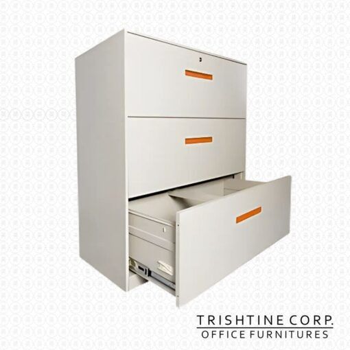 TLC-014 3-drawer Lateral Filing Cabinet (Category: Shelves, Cabinets & Racks) located in Caloocan City. Submitted by trishtine_jim9 (Listing ID 1437587198, Image 2). Description: - Trishtine Corp. TLC-014 3-drawer lateral filing cabinet - Powder-coated all-metal body - Key-lock mechanism for security - Each drawer holds up to 40kg - Available colors: Gray, Beige, Black (with orange handle) - Dimensions: 90W x 45D x 102.5H cm DISCLAIMER: Price is 