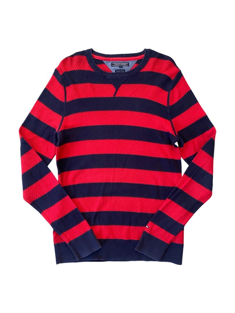 Tommy Hillfiger Knitted Striped Sweater (Category: Coats, Jackets and Outerwear) located in Dumaguete. Submitted by infiniteloot_ (Listing ID 1437684674, Image 1). Description: Tommy Hillfiger Knitted Striped Sweater Size S on tag fits M-L 28 length x 19 width (stretchable) good condition 500 php.