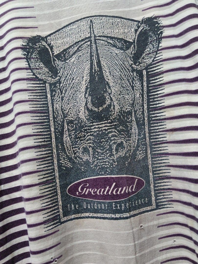 Vintage Greatland Rhino (Category: Tshirts & Polo Shirts ) located in Taguig. Submitted by wethrifting2021 (Listing ID 1437744048, Image 2). Description: Item: Rhino (Greatland The Outdoor Experience)🔥 ‎Size: Great Land Tag (XL) ‎Width: 25 ‎Length: 32.5 ‎Condition: Excellent ‎Issue: Multiple Pinhole, Hairline, Stain SWIPE MORE DETAILS. DM to purchase 📩.