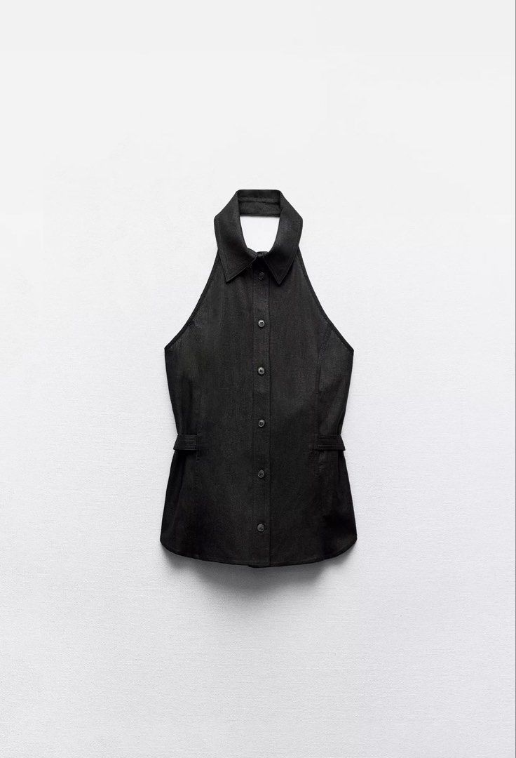 Zara Linen Blend Halter Top with Buckles (Category: Sleeveless) located in Manila. Submitted by cleesells (Listing ID 1437671774, Image 1). Description: - Zara halter top - Dark denim material - Collared neckline - Button-down front - Sleeveless halter design - Two side pockets - Tailored fit.