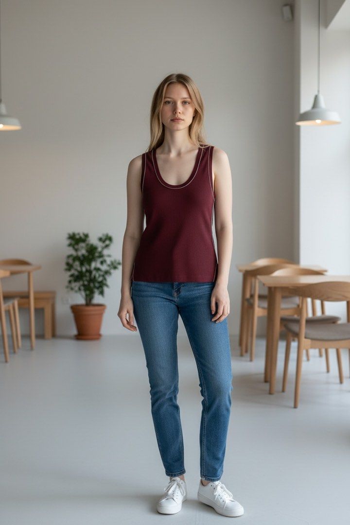 Zara Ribbed Tank Top - XL (Category: Sleeveless) located in Pasay City. Submitted by louiecruz.28 (Listing ID 1437613599, Image 3). Description: - Zara burgundy tank top - Size: XL - Features: Ribbed texture, white stitching details - Design: Scoop neck, fitted silhouette - Origin: Made in Bangladesh - Versatile style.