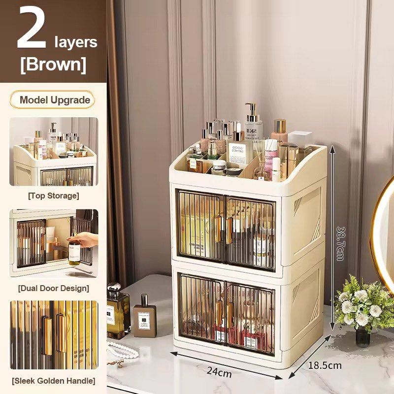2-Layer Makeup Organizer with Dual Doors (Category: Makeup) located in Manila. Submitted by margielyn31 (Listing ID 1437902474, Image 1). Description: 2-layer makeup organizer features a dual-door design with sleek golden handles. It provides top storage and ample space for cosmetics and skincare products. The organizer is 38.7cm high and 24cm wide, with a depth of 18.5cm. It is perfect for keeping your beauty essentials organized and easily acce