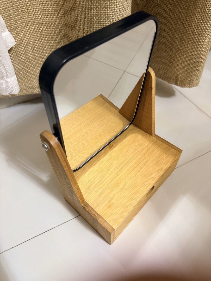 360° Wooden Makeup Mirror with Storage & Magnifying Side (Category: Makeup) located in Manila. Submitted by ellecina (Listing ID 1437896870, Image 1). Description: RFS: decluttering Durable Quality, not from the orange app Two way mirror, other side is magnifying .