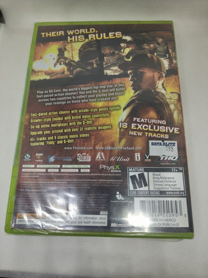 50 Cent: Blood on the Sand - Xbox 360 (Category: Xbox) located in San Pedro. Submitted by dredgergaming (Listing ID 1437862332, Image 2). Description: - 50 Cent: Blood on the Sand for Xbox 360 - Xbox One and Xbox Series X/S Backwards Compatible - Fast-paced action shooter gameplay - Arcade-style points system - Brawler-style combat with brutal melee counterkills - Over 21 realistic weapons to upgrade - Includes 40+ tracks and 9 music videos featu