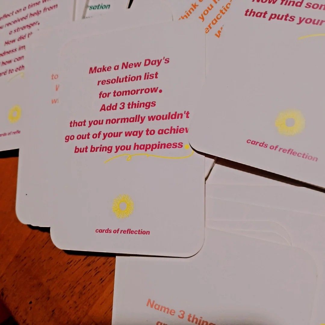 Anima Cards of Reflection (Category: Raw Singles) located in Baguio. Submitted by klutter.curio (Listing ID 1437781662, Image 2). Description: - Anima Reflection Cards for self-discovery. - Features unique questions for introspection. - Includes prompts on gratitude, resolutions, and peace. - Beautiful floral design on the card backs. - Comes in a clean white box..