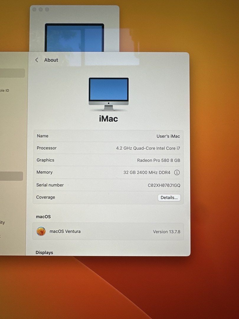 Apple iMac 27-inch Retina 5K (Category: Desktops) located in Paranaque City. Submitted by abiiii_ (Listing ID 1437808040, Image 3). Description: - 27-inch Retina display iMac 2017 - macOS Ventura - 4.2 GHz Quad-Core Intel Core i7 processor - 32GB RAM - Radeon Pro 580 8 GB graphics - 102.52 GB available of 121.02 GB SSD storage - Includes keyboard, power adapter and mouse (Not included yung connector ng mouse/keyboard).