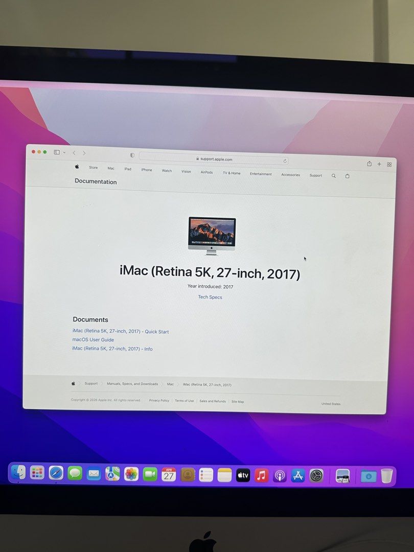Apple iMac Retina 5K 27-inch (2017) (Category: Desktops) located in Paranaque City. Submitted by abiiii_ (Listing ID 1437808513, Image 3). Description: - 27-inch Retina 5K Display - 4.2 GHz Quad-Core Intel i7 Processor - 32GB RAM - Radeon Pro 580 8GB Graphics - macOS Monterey 12.7.4 - Includes Apple Keyboard, Power adapter and Mouse - Serial Number: C02XH073J1GQ (Not included yung connector ng mouse/keyboard).