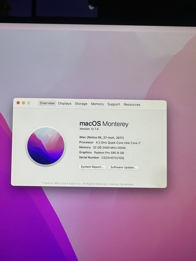Apple iMac Retina 5K 27-inch (2017) (Category: Desktops) located in Paranaque City. Submitted by abiiii_ (Listing ID 1437808513, Image 2). Description: - 27-inch Retina 5K Display - 4.2 GHz Quad-Core Intel i7 Processor - 32GB RAM - Radeon Pro 580 8GB Graphics - macOS Monterey 12.7.4 - Includes Apple Keyboard, Power adapter and Mouse - Serial Number: C02XH073J1GQ (Not included yung connector ng mouse/keyboard).