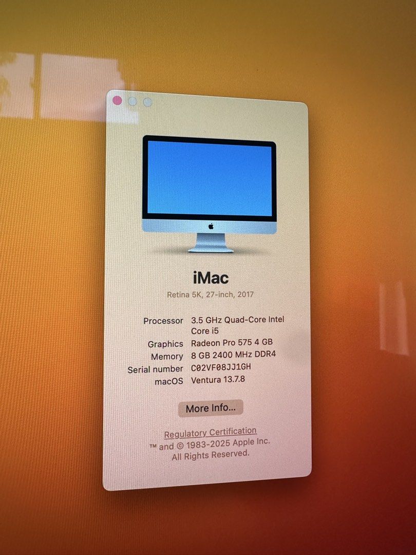 Apple iMac Retina 5K 27-inch (2017) (Category: Desktops) located in Paranaque City. Submitted by abiiii_ (Listing ID 1437809548, Image 3). Description: - Apple iMac Retina 5K 27-inch (2017) - 3.5 GHz Quad-Core Intel Core i5 processor - 8GB 2400 MHz DDR4 memory - Radeon Pro 575 4GB graphics - macOS Ventura 13.7.8 - Includes original keyboard and mouse, adapter Not included yung connector ng mouse/keyboard - Good working condition.