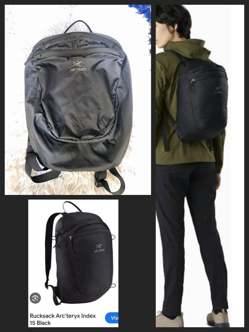 Arc'teryx Rucksack Index 15 Backpack - Black (packable) (Category: Backpacks) located in Baguio. Submitted by padisellsz (Listing ID 1437867410, Image 1). Description: - Arc'teryx Index 15 backpack (packable) - Color: Black - Very good condition - No issues - Made in Vietnam - Features: - Main compartment - Front pocket - Adjustable shoulder straps - Material: 100% nylon and polyester - Dimensions (approximate): - Height: 18 inches - Width: 11 in