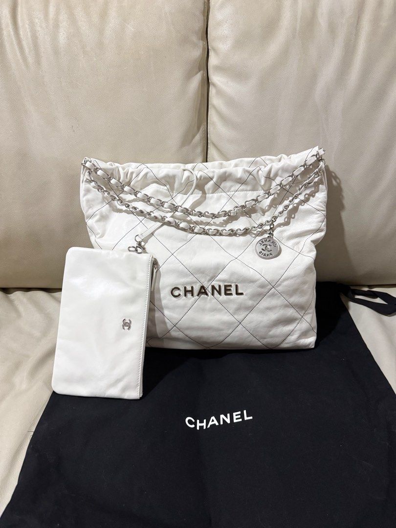 AUTHENTIC Chanel C22 in White Calfskin Small Silver Hardware (Category: Luxury Bags & Wallets) located in Quezon City. Submitted by closetofcoco (Listing ID 1437844260, Image 1). Description: FASTER REPLIES ON IG: THECLOSETOFCOCO GUARANTEED AUTHENTIC PM FOR INQUIRIES NO LOW BALLING.