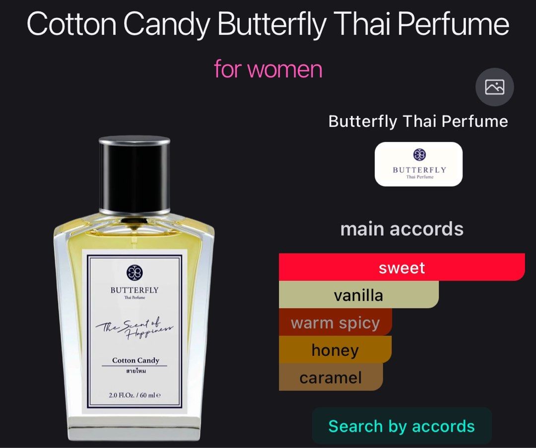 Butterfly Thai Perfume Cotton Candy (Category: Fragrance & Deodorants) located in Caloocan City. Submitted by mutya-25192 (Listing ID 1437926966, Image 3). Description: Few sprays missing. Bought in Bangkok, Thailand. Performance: Strong projection, noticeable sillage, long-lasting .