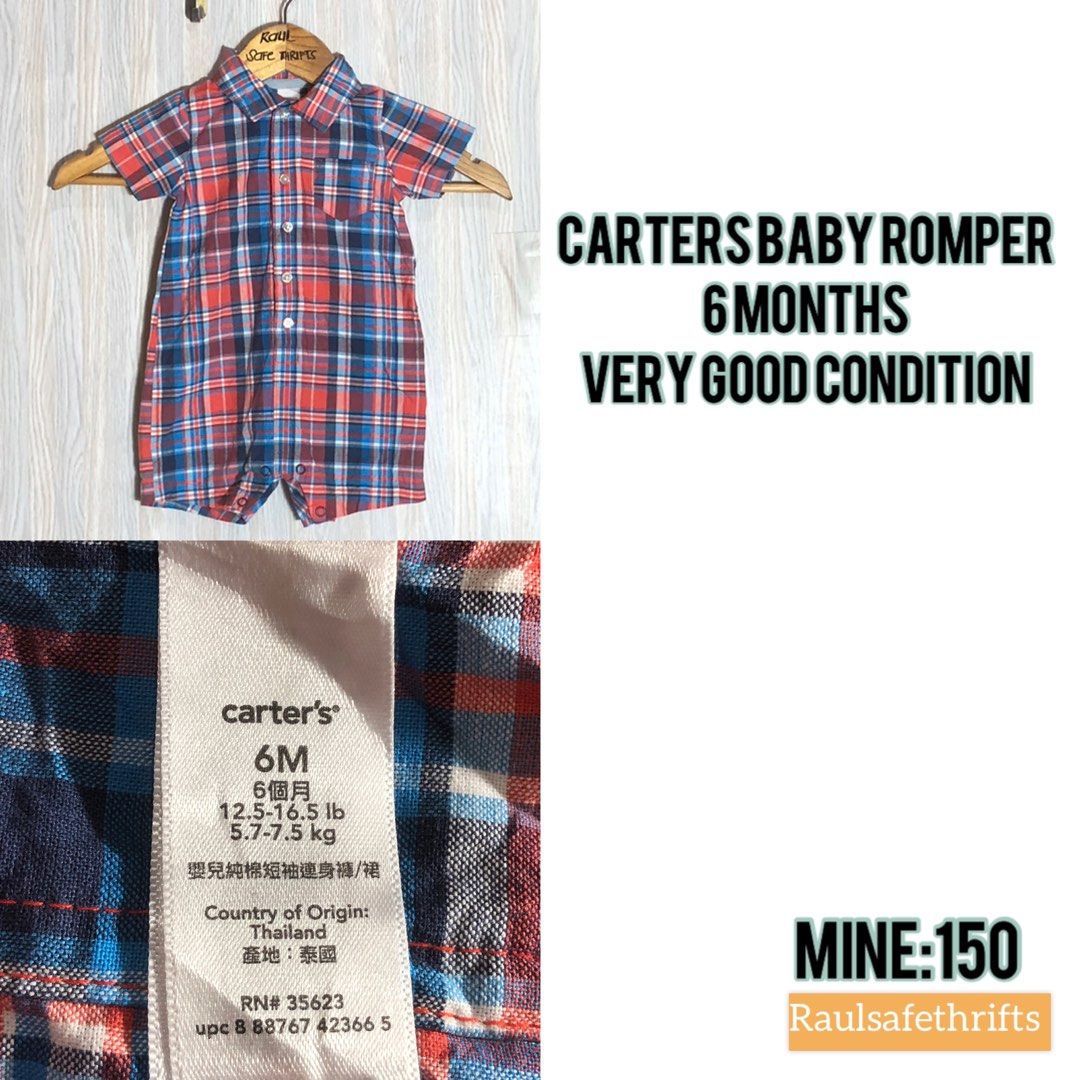 Carter's Baby Romper 6 Months (Category: Babies & Kids Fashion) located in Montevista. Submitted by rdthriftshub (Listing ID 1437844427, Image 3). Description: - Carter's baby romper - Size: 6 months - Pattern: Red, blue, and white plaid - Made in Thailand - Features: Button-down front, chest pocket, short sleeves - Suitable for warm weather - Weight range: 12.5-16.5 lbs (5.7-7.5 kg).