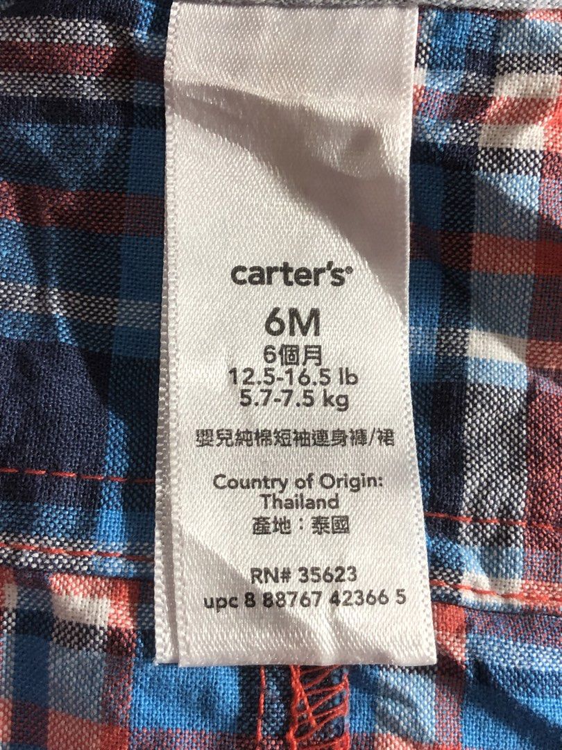 Carter's Baby Romper 6 Months (Category: Babies & Kids Fashion) located in Montevista. Submitted by rdthriftshub (Listing ID 1437844427, Image 2). Description: - Carter's baby romper - Size: 6 months - Pattern: Red, blue, and white plaid - Made in Thailand - Features: Button-down front, chest pocket, short sleeves - Suitable for warm weather - Weight range: 12.5-16.5 lbs (5.7-7.5 kg).