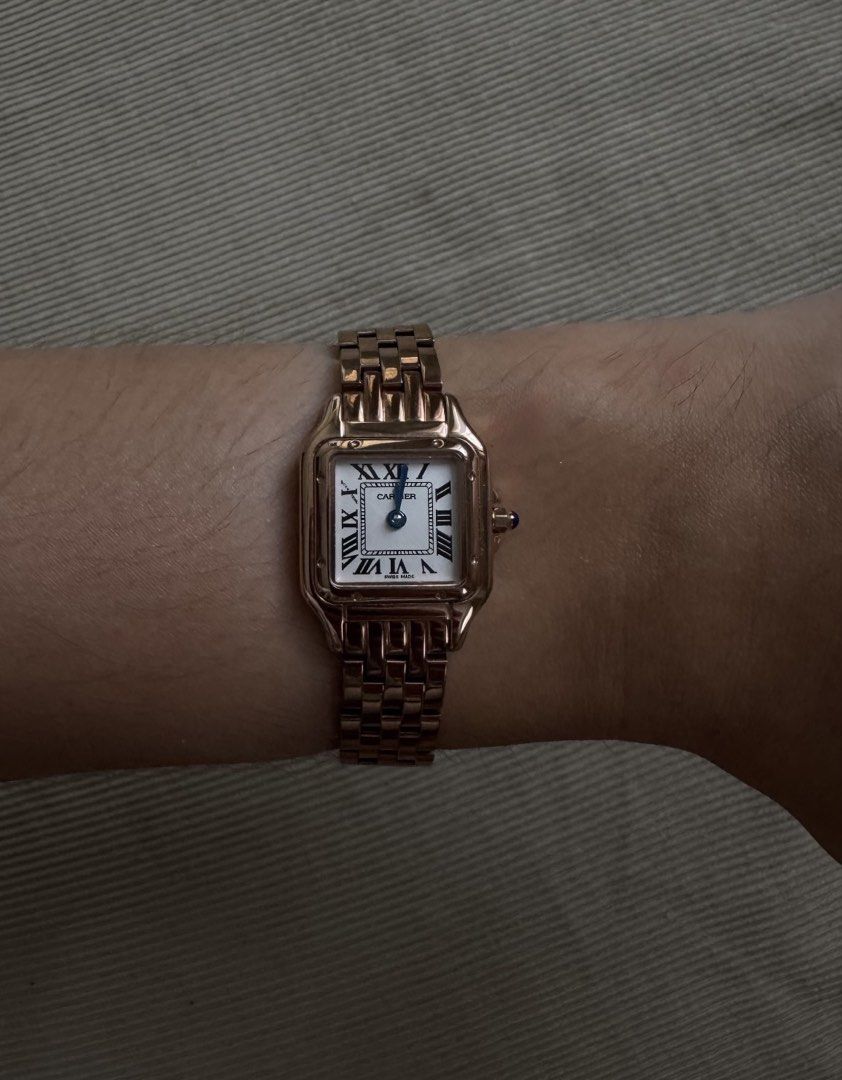 Cartier Panthere Watch (Category: Luxury Watches) located in Quezon City. Submitted by sunday.closet (Listing ID 1437838573, Image 1). Description: Elegant Cartier Panthere de Cartier watch. Features a rose gold case and bracelet with a white dial. Roman numeral hour markers and blue hands. The watch has a square case shape and a secure clasp. A timeless piece that exudes luxury and sophistication. Send a message for any questions! Slightly nego: