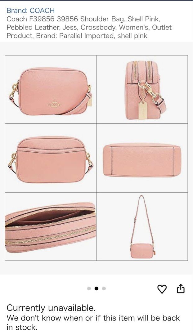 Coach Jess Crossbody Bag Shell Pink (Category: Luxury Bags & Wallets) located in Makati City. Submitted by zzebraaa (Listing ID 1437780903, Image 3). Description: Coach Jess crossbody bag in shell pink. Features a pebbled leather exterior with a zip closure. Includes a detachable shoulder strap. The bag has a gold Coach logo on the front and gold-tone hardware. The interior has multiple compartments. .