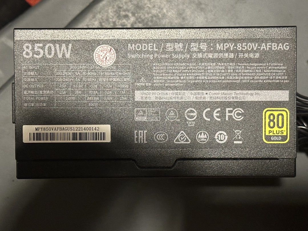 Cooler Master V850 850W Power Supply (Category: Computer Parts) located in Manila. Submitted by cellomike93260 (Listing ID 1437903899, Image 1). Description: I- Cooler Master V850 850W Power Supply - 80 Plus Gold Certified - Includes power switch and power input - Model Number: MPY-850V-AFBAG - Features a cooling fan The item comes in a box (not the original box). .