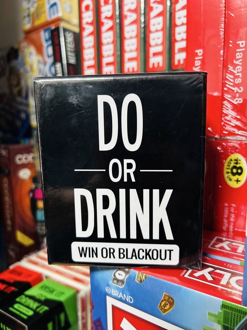 Do or Drink Party Game (Category: Board Games & Puzzles) located in Quezon City. Submitted by playboxph (Listing ID 1437889215, Image 1). Description: - Do or Drink party game - For 2-8 players - Ages 8+ - Features the text "Do or Drink, Win or Blackout" - Great for game nights and gatherings.