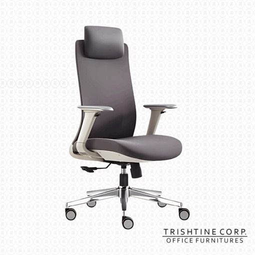 Ergonomic Office Chair Executive TEX-201 (Category: Office Furniture & Fixtures) located in Caloocan City. Submitted by trishtine_jim9 (Listing ID 1437834875, Image 2). Description: Ergonomic office chair from Trishtine Corp. Features a high back with an adjustable headrest, armrests, and a five-wheel base for easy movement. The chair has a gray seat and backrest with a white and silver frame. Suitable for long hours of work, providing comfort an