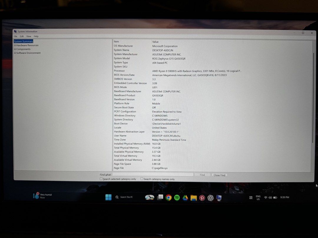 G15 ZEPHYRUS RTX 3070 (Category: Laptops & Notebooks) located in Manila. Submitted by dbclutterrr (Listing ID 1437820335, Image 3). Description: CPU: AMD Ryzen 9 5900HS (8 cores / 16 threads, up to 4.6GHz) GPU: NVIDIA RTX 3070 Laptop GPU 8GB GDDR6 GPU Power: 80W base, up to 100W with Dynamic Boost Display: 15.6-inch QHD (2560×1440) IPS Refresh Rate165Hz RAM: 16GB DDR4 3200MHz (upgradeable, partly soldered) Storage: 1TB NVMe SSD Battery 90Wh Weigh