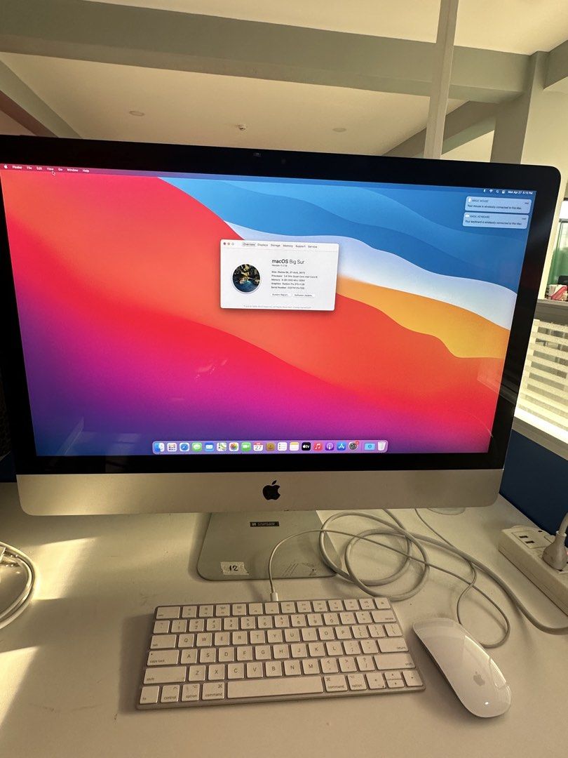 iMac Retina 5K 27-inch (2017) (Category: Desktops) located in Paranaque City. Submitted by abiiii_ (Listing ID 1437809851, Image 2). Description: IMac features a 27-inch Retina 5K display. It runs on macOS Big Sur with a 3.4 GHz Quad-Core Intel Core i5 processor and 8GB of 2400 MHz DDR4 memory. The graphics card is a Radeon Pro 570 4 GB. Includes the original keyboard and mouse, adapter (2017) Not included yung connector ng mouse/charger.