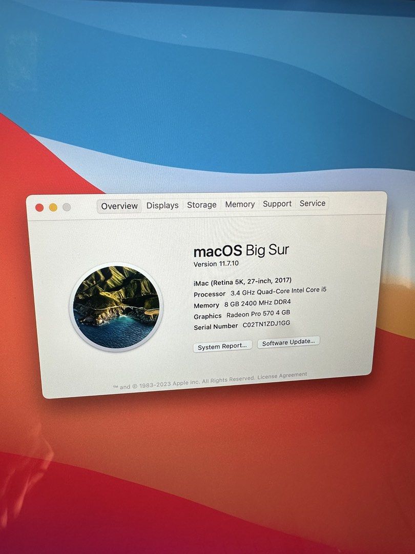iMac Retina 5K 27-inch (2017) (Category: Desktops) located in Paranaque City. Submitted by abiiii_ (Listing ID 1437809851, Image 3). Description: IMac features a 27-inch Retina 5K display. It runs on macOS Big Sur with a 3.4 GHz Quad-Core Intel Core i5 processor and 8GB of 2400 MHz DDR4 memory. The graphics card is a Radeon Pro 570 4 GB. Includes the original keyboard and mouse, adapter (2017) Not included yung connector ng mouse/charger.