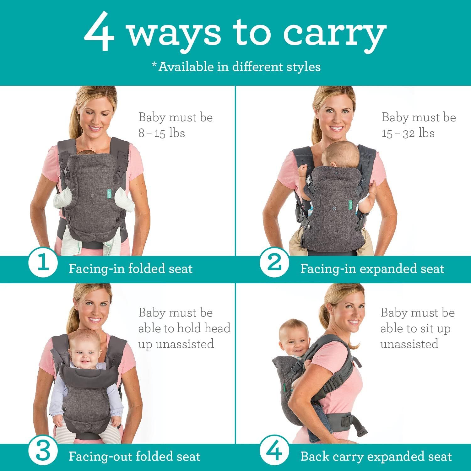 Infantino Flip Advanced 4-in-1 Convertible Carrier, Light Grey - [Light Grey] [Flip 4-in-1 Carrier] (Category: Other Babies Going Out Needs) located in Singapore. Submitted by dealshark.com (Listing ID 1437928131, Image 2). Description: 4 Ways to carry baby-facing in narrow seat for newborns Facing in wide seat for older babies Facing out narrow seat for babies with head control Back carry wide seat for older babies and toddlers Adjustable seat, 