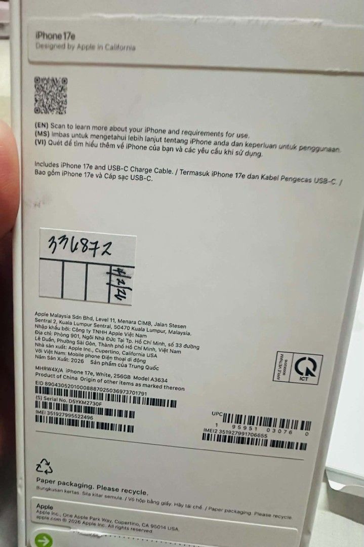 IPhone 17E 256GB (Category: iPhone 17 Series) located in Caloocan City. Submitted by PawsIncubator (Listing ID 1437870760, Image 2). Description: Orginal with official receipt Never pa nagamit binuksan lang for checking. check all you want upon meetup. Onhand preferred meet up around metro manila. - Apple iPhone 17E 256 GB - White - Includes: - Original box - Charging cable - SIM ejector tool .